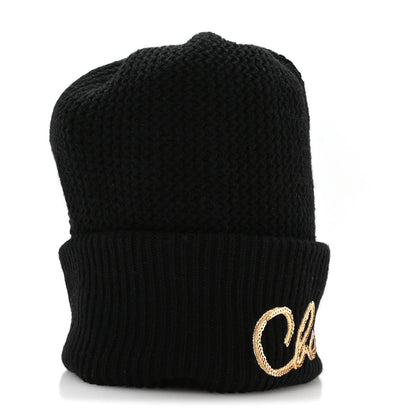 Chanel Cashmere Sequin Logo Beanie Hat Black Gold 4 of 9