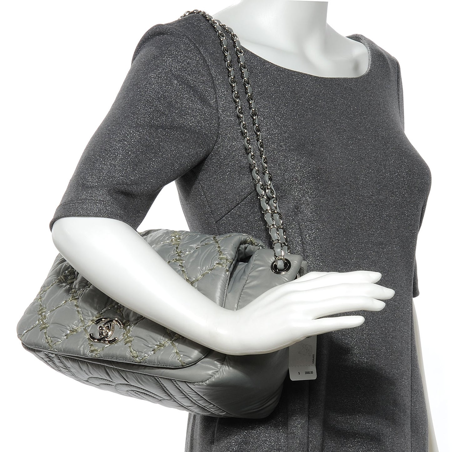 Nylon Quilted Tweed Stitch Bubble Flap Grey