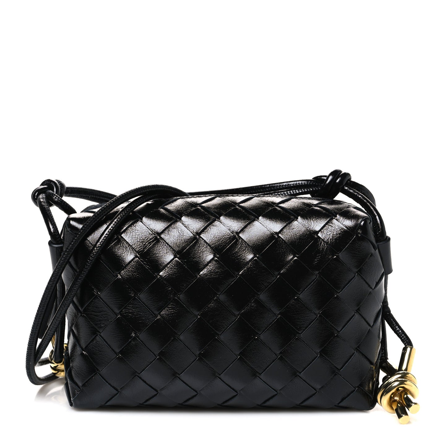 Polished Nappa Intrecciato Metallic Knot Mini Loop Camera Bag Black
