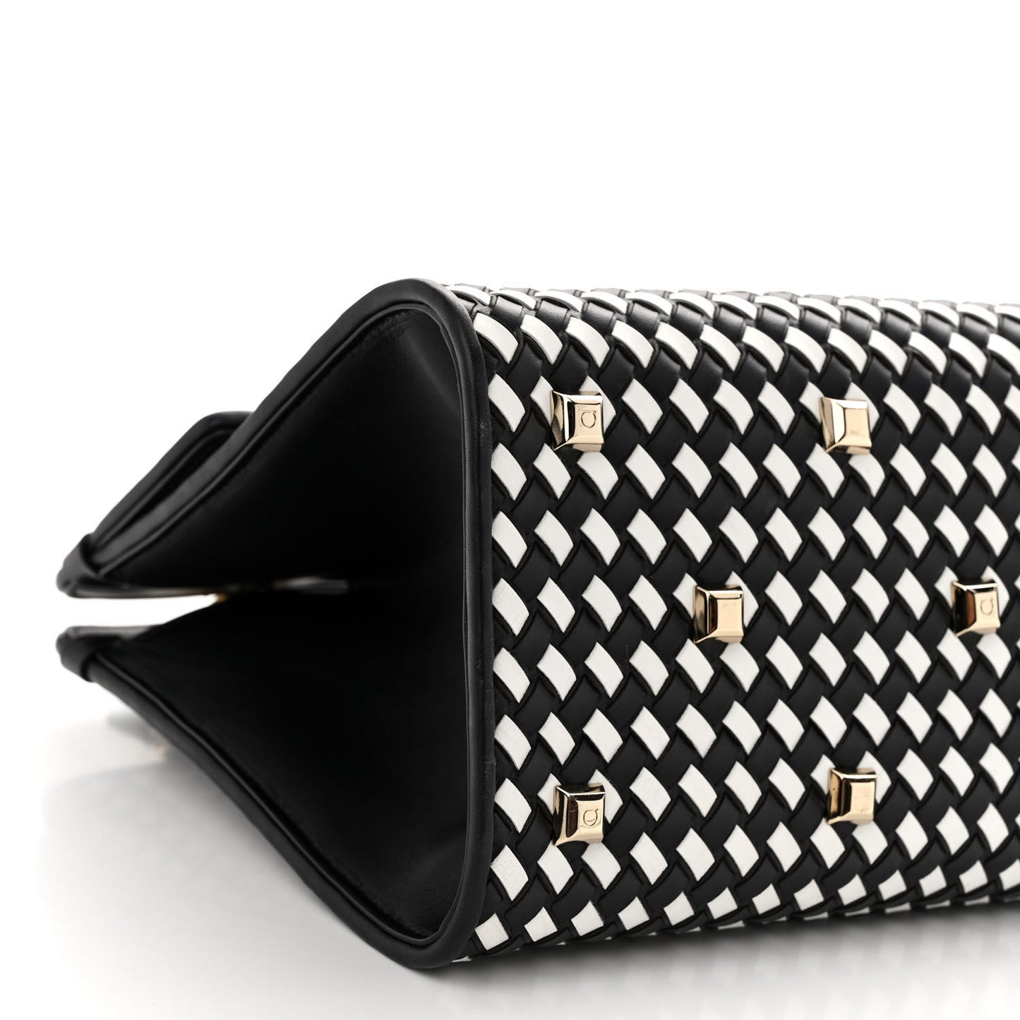 Woven Calfskin Medium Studio Top Handle Bag Black White