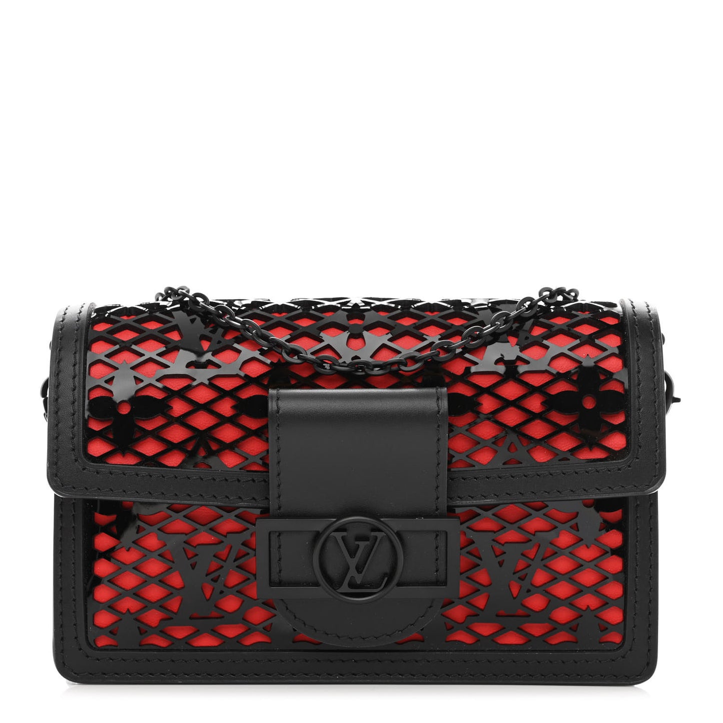 Patent Calfskin Laced Monogram Dauphine Chain Wallet Black
