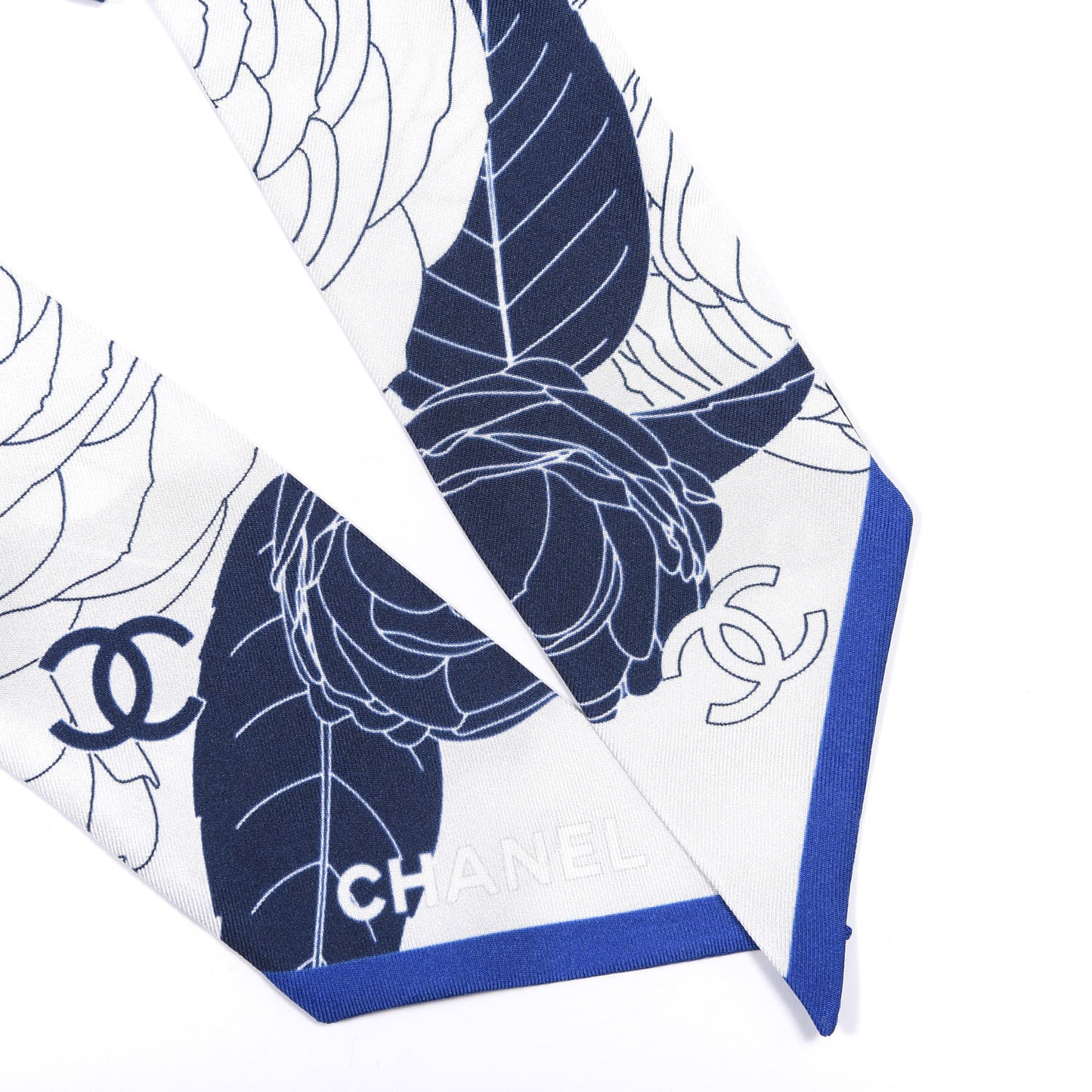 Silk CC Camellia Slim Bandeau Scarf Blue White