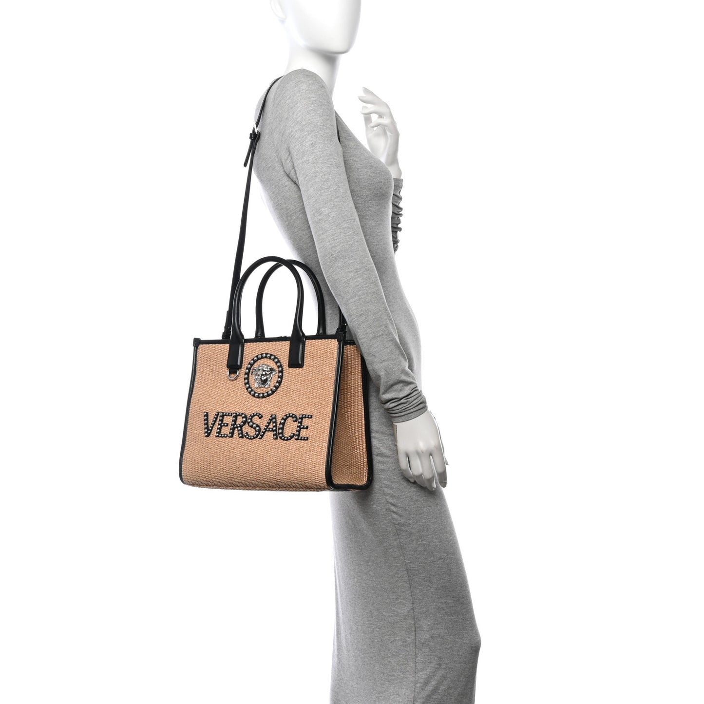 Raffia Studded La Medusa Tote Beige