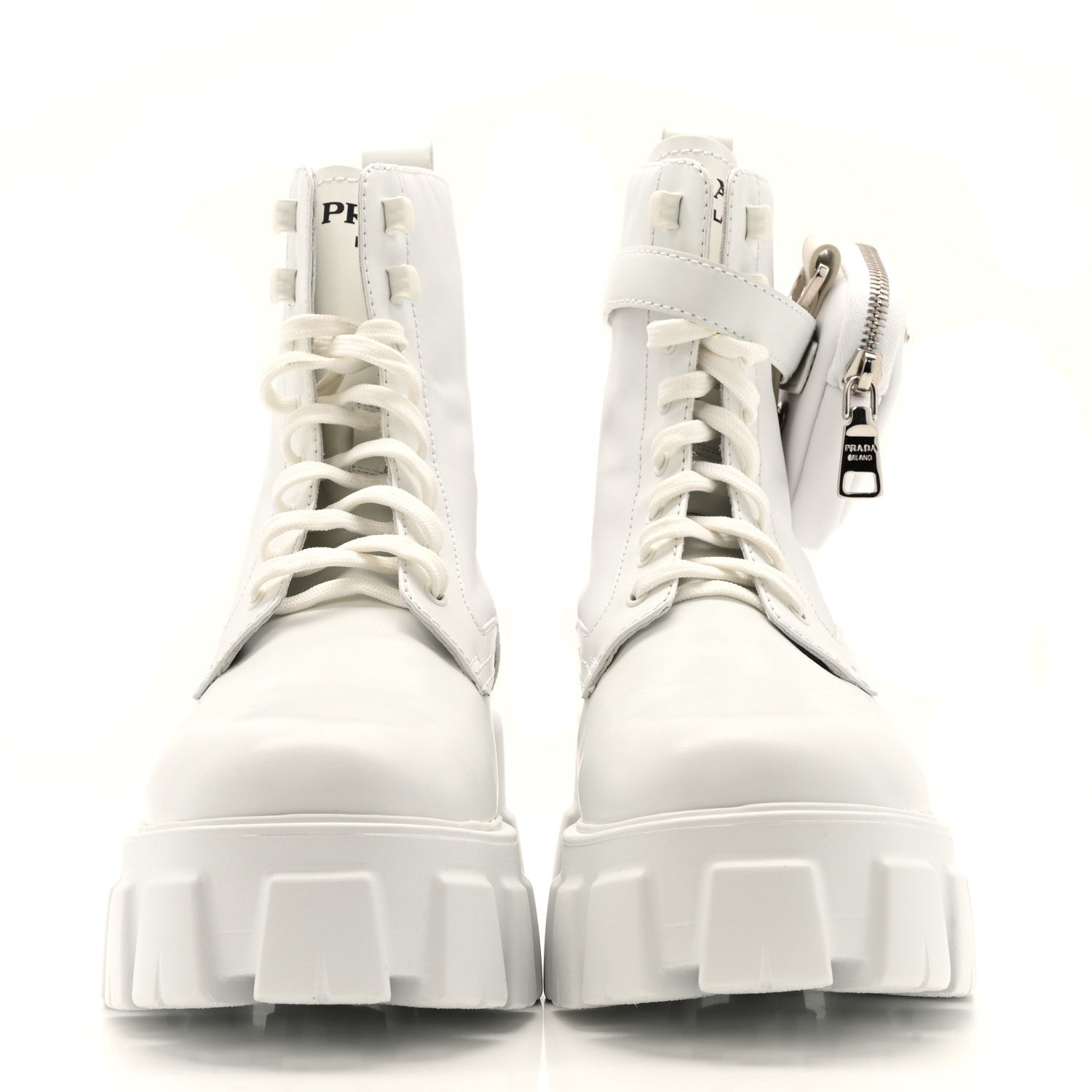 Prada Spazzolato Rois Re-Nylon Metal Triangle Logo Monolith Pouch Pocket 55mm Boots 40 White 3 of 13