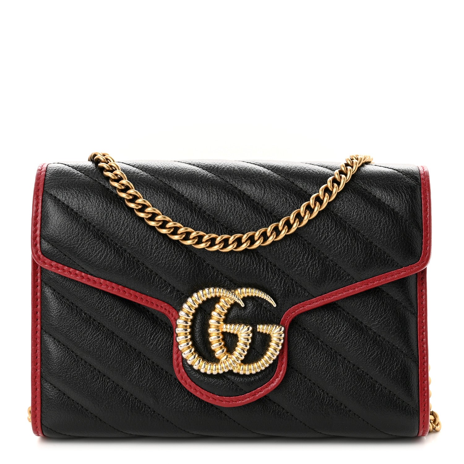 Gucci Vintage Effect Calfskin Matelasse Diagonal Torchon GG Marmont Chain Wallet Black Romantic Cherry 1 of 11