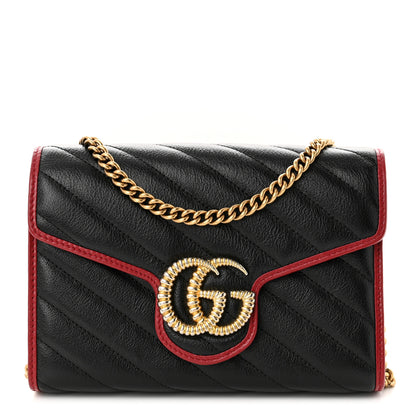 Gucci Vintage Effect Calfskin Matelasse Diagonal Torchon GG Marmont Chain Wallet Black Romantic Cherry 1 of 11