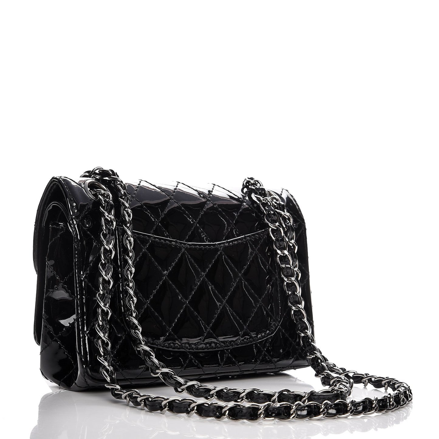 Patent Calfskin Quilted Mini Rectangular Double Flap Black