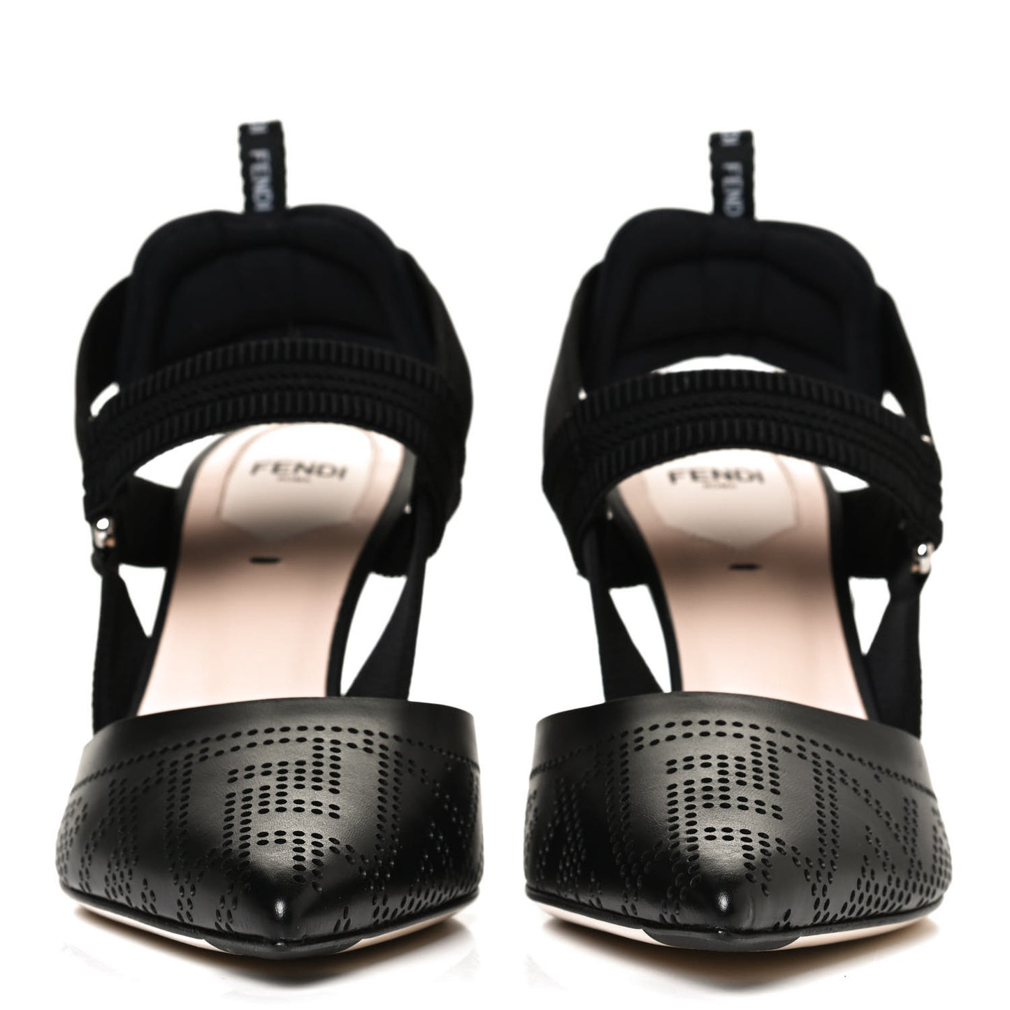FF Perforated Calfskin Slingback Mid-Heel Pumps 38 Black