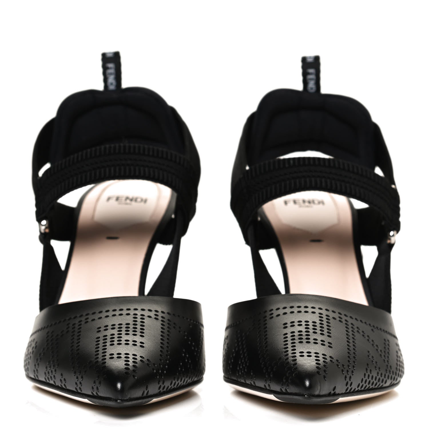 Fendi FF Perforated Calfskin Slingback Mid-Heel Pumps 38 Black 2 of 10
