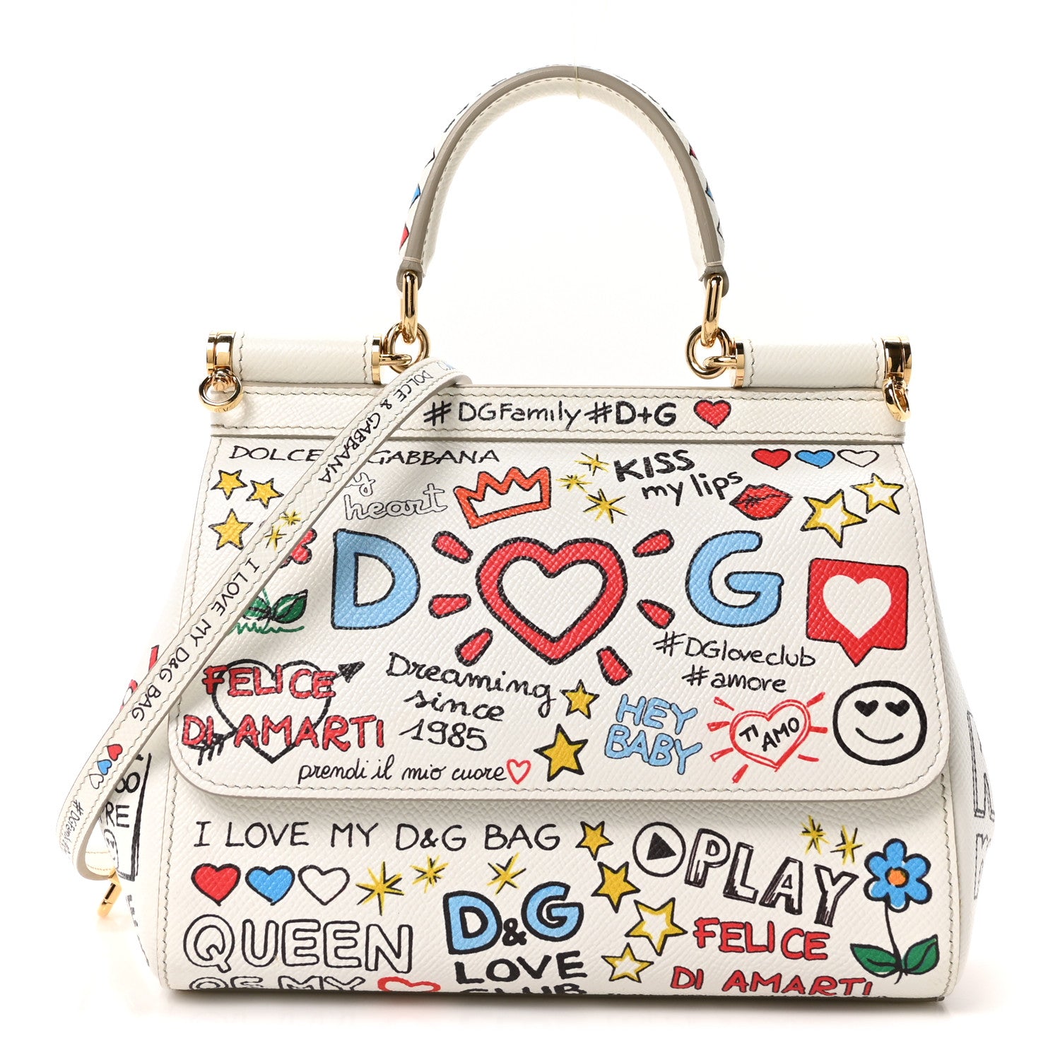 Dolce & Gabbana Dauphine Graffiti Printed Small Miss Sicily Satchel White 1 of 9