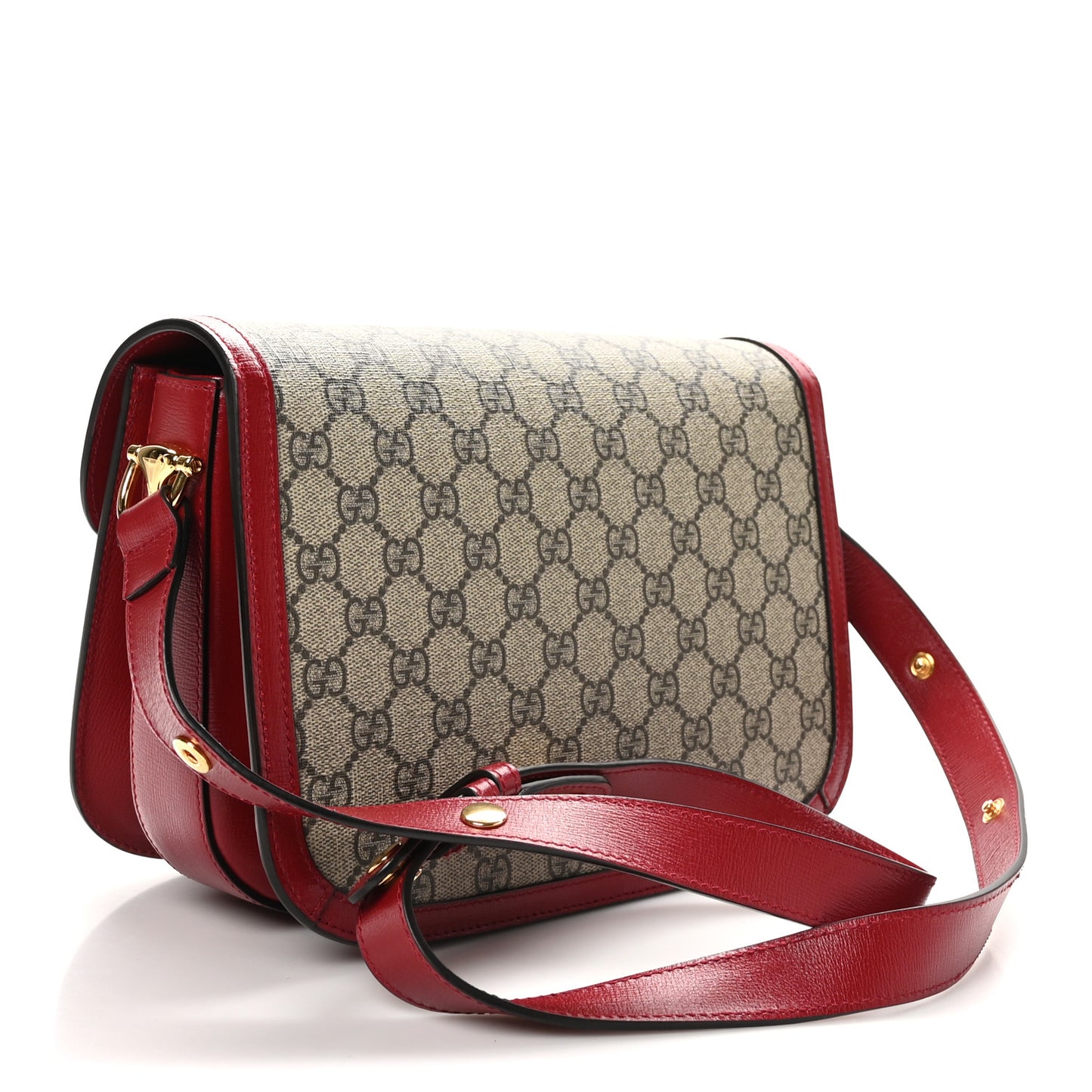 GG Supreme Monogram Azalea Calfskin Horsebit 1955 Shoulder Bag Beige Ebony New Cherry Red