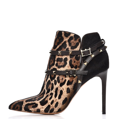 Valentino Garavani Calf Hair Leopard Rockstud Double Buckle 100mm Ankle Boots 41 Brown 1 of 11