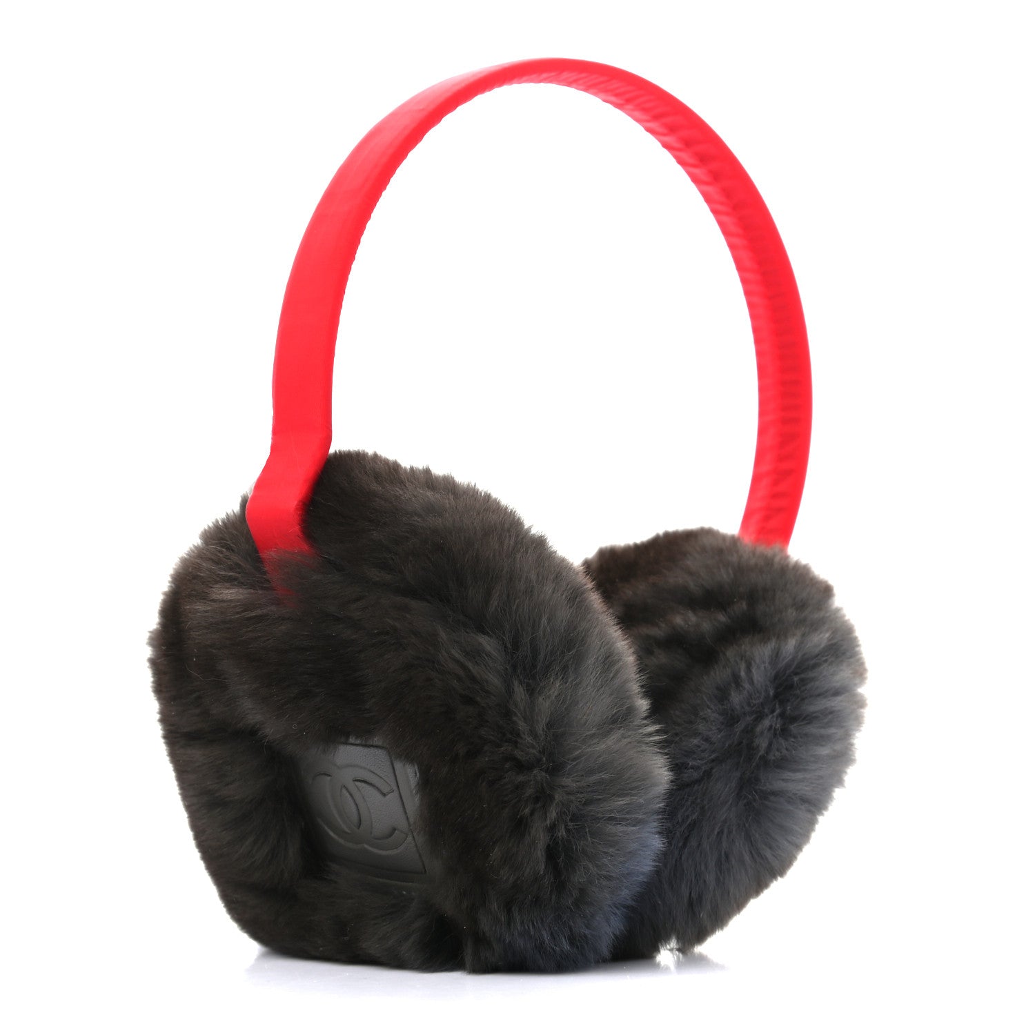 Chanel Rabbit Fur CC Ear Muffs Black Red 3 of 4