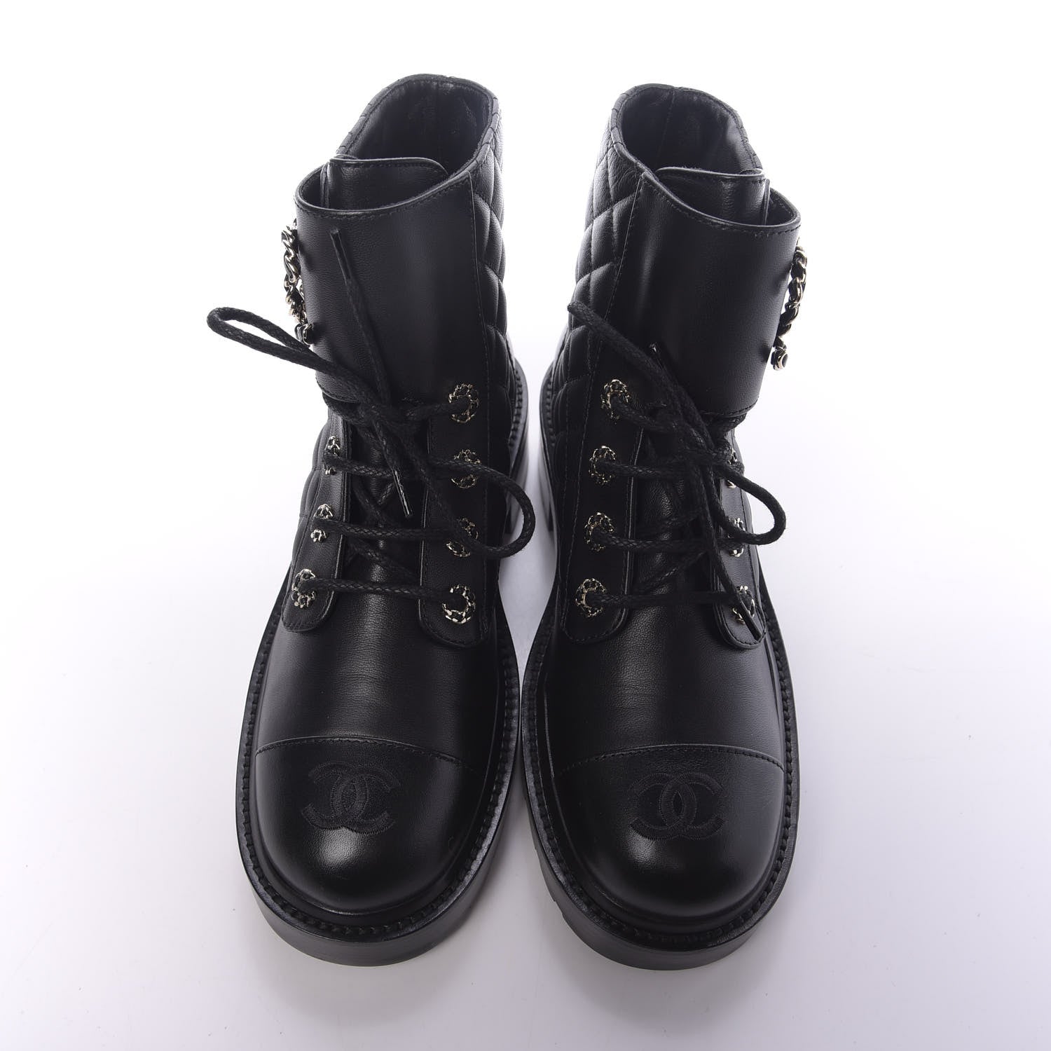 Chanel Shiny Lambskin Quilted Lace Up Combat Boots 37.5 Black 5 of 8