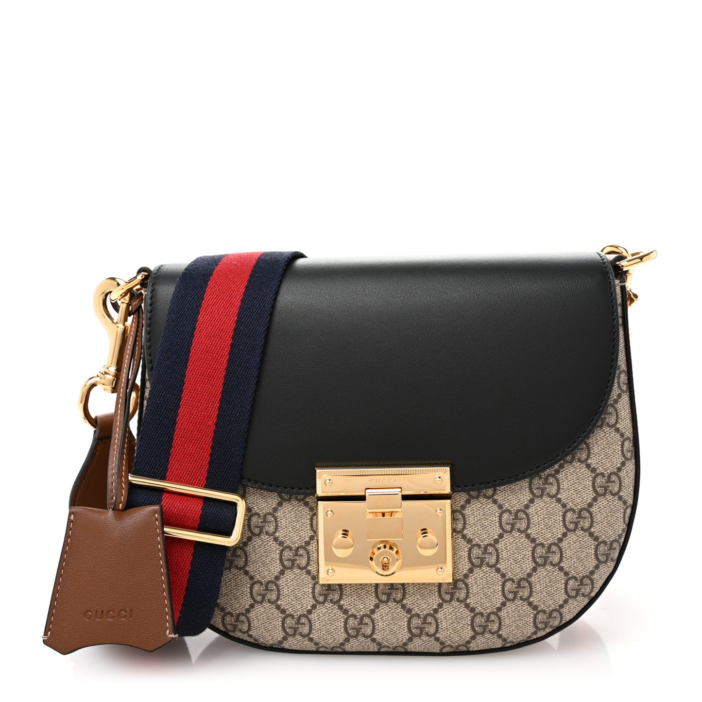 GG Supreme Monogram Web Medium Padlock Messenger Shoulder Bag Black