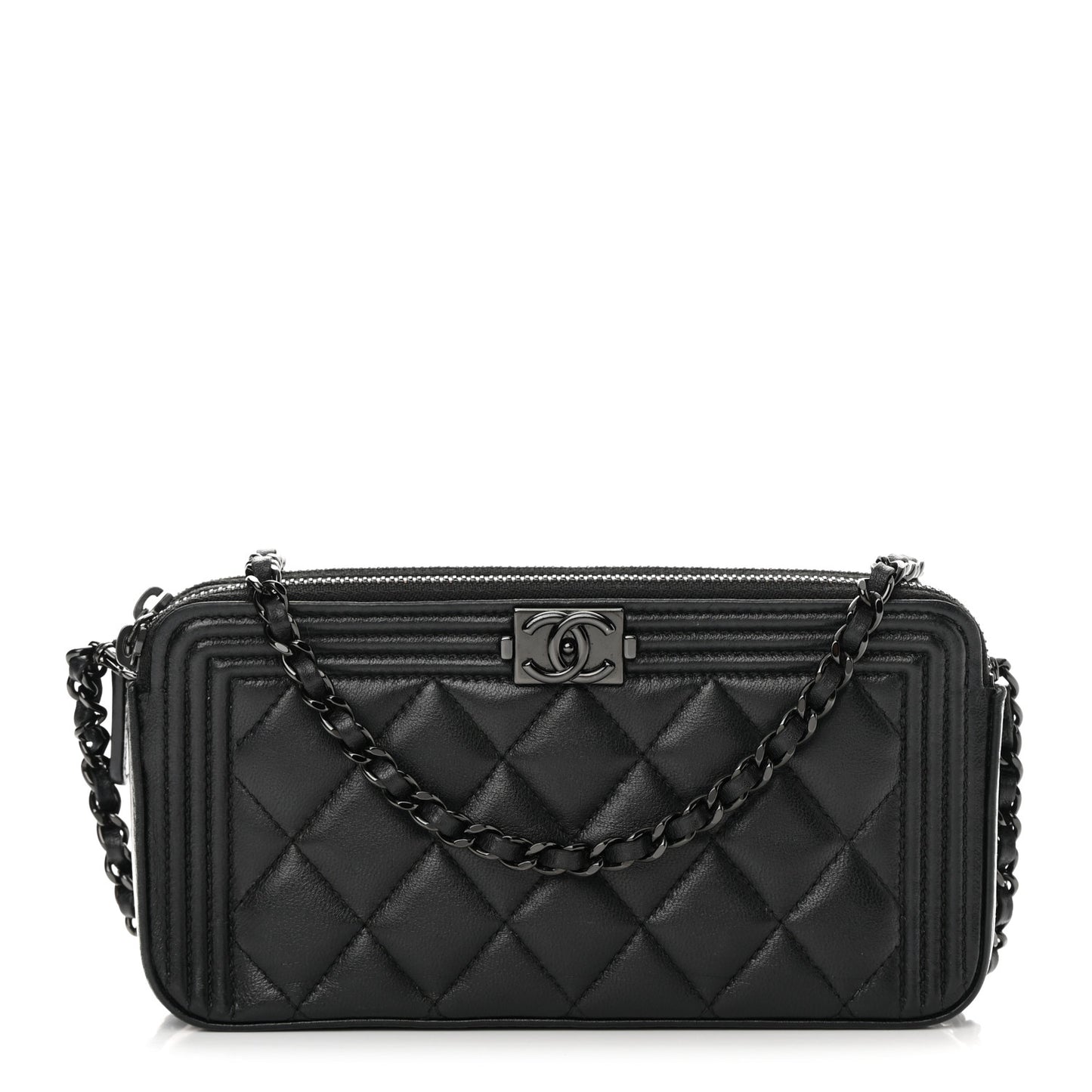 Lambskin Quilted Small Boy Clutch With Chain So Black