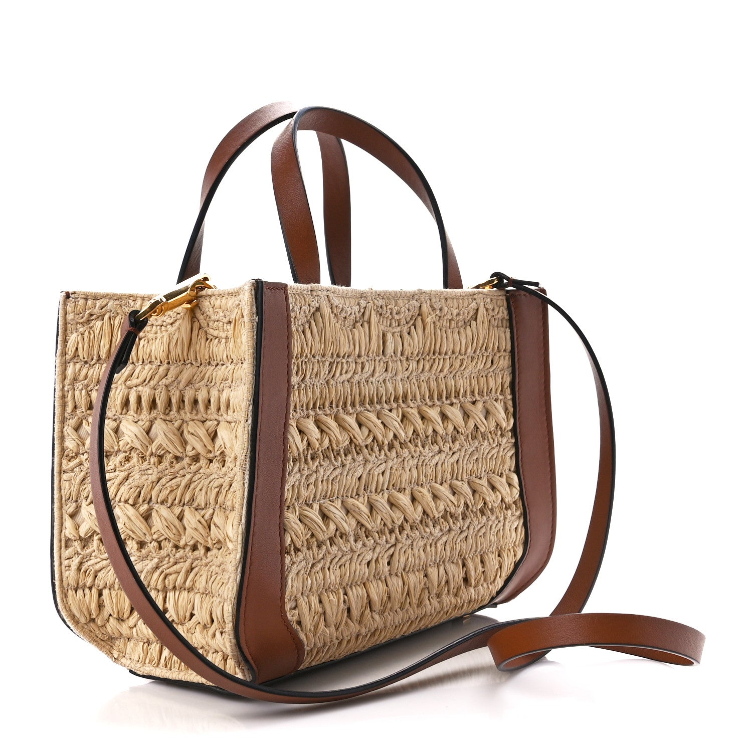 Valentino Garavani Raffia Calfskin Small Vlogo Signature Tote Natural Saddle Brown 3 of 9