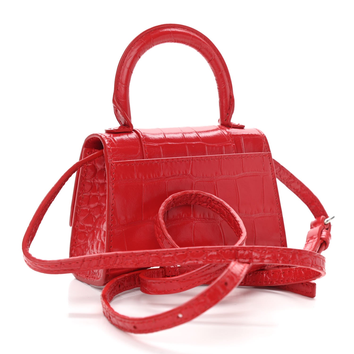Balenciaga Shiny Calfskin Tonal B Crocodile Embossed Hourglass Top Handle Bag Mini Bright Red 3 of 11