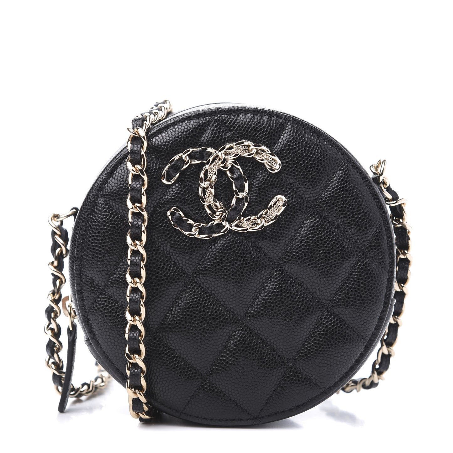 Caviar Quilted French New Wave Round Clutch With Chain Black