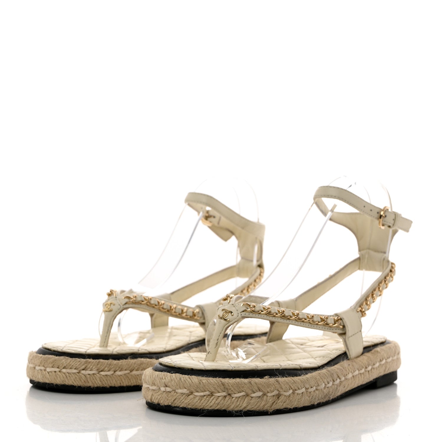 Chanel Lambskin Chain CC Thong Espadrille Sandals 37 White 3 of 8