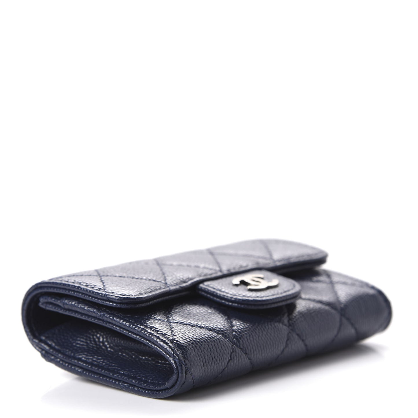Caviar Quilted Flap Card Holder Wallet Navy Blue