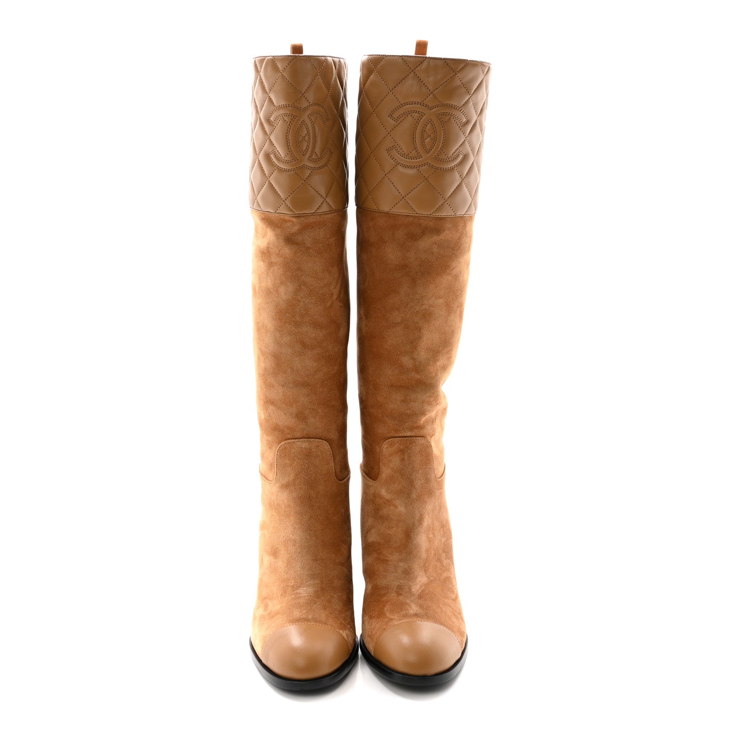 Chanel Suede Calfskin Lambskin Quilted Knee High Heel Boots 38 Beige 2 of 9