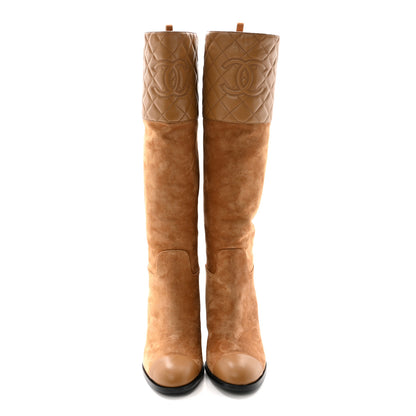 Chanel Suede Calfskin Lambskin Quilted Knee High Heel Boots 38 Beige 2 of 9