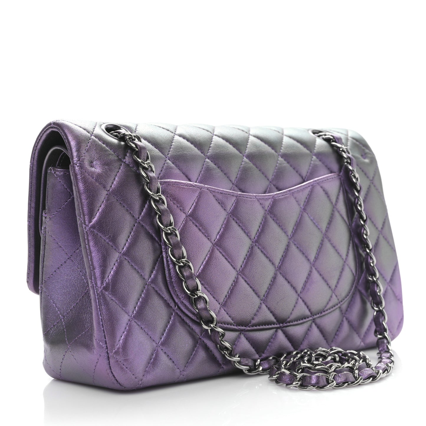 Iridescent Lambskin Quilted Medium Double Flap Dark Purple