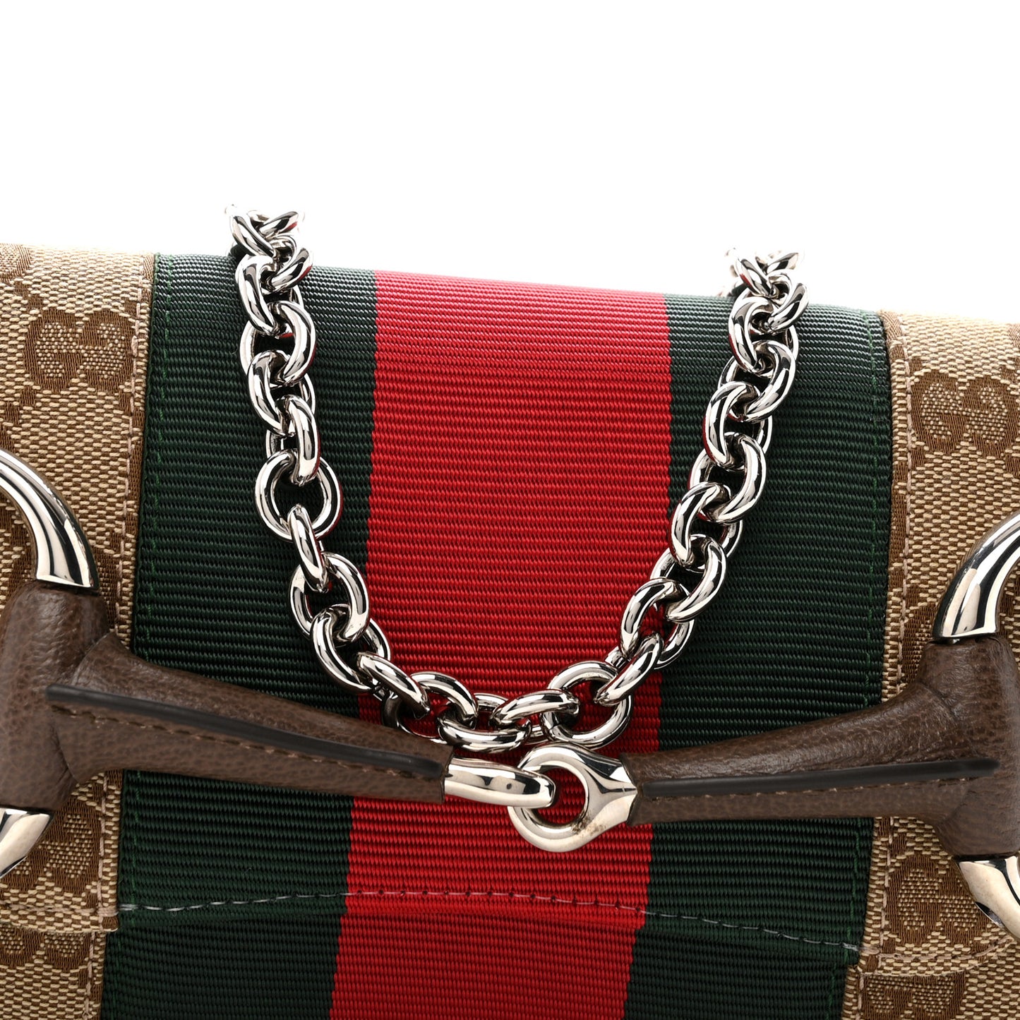 Monogram Textured Dollar Calfskin Heavy Grosgrain Web Small Maxi Horsebit Chain Shoulder Bag Beige Ebony New Acero