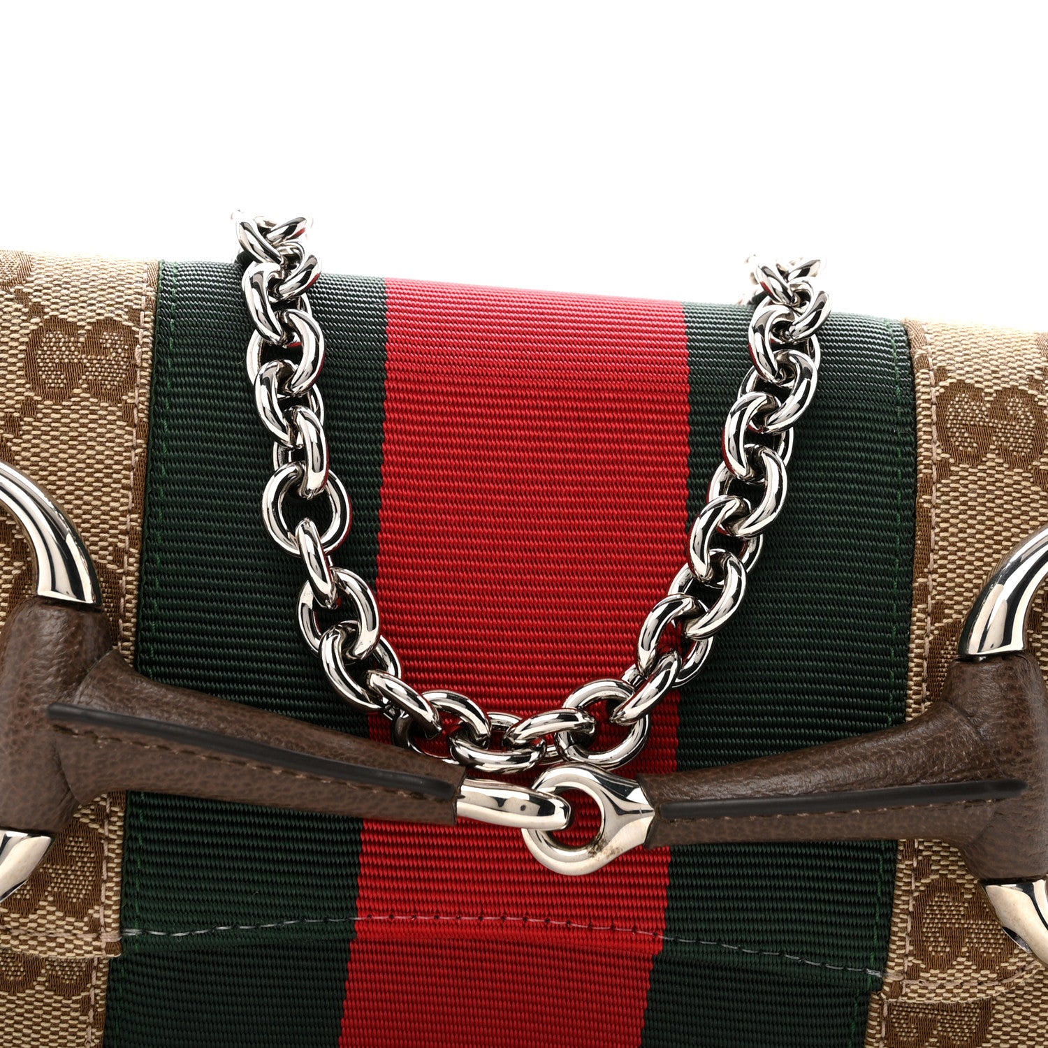 Gucci Monogram Textured Dollar Calfskin Heavy Grosgrain Web Small Maxi Horsebit Chain Shoulder Bag Beige Ebony New Acero 8 of 14