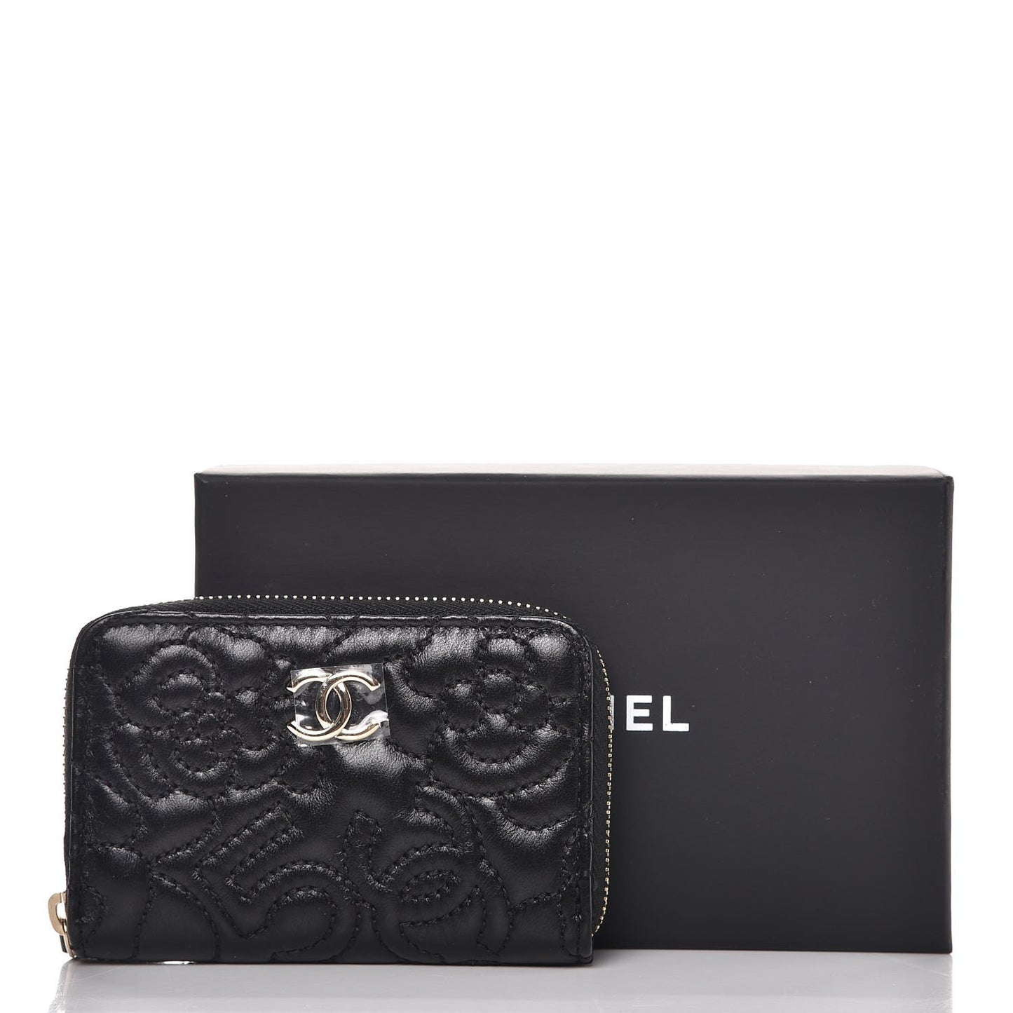 Lambskin Camellia Embossed Zip Coin Purse Black