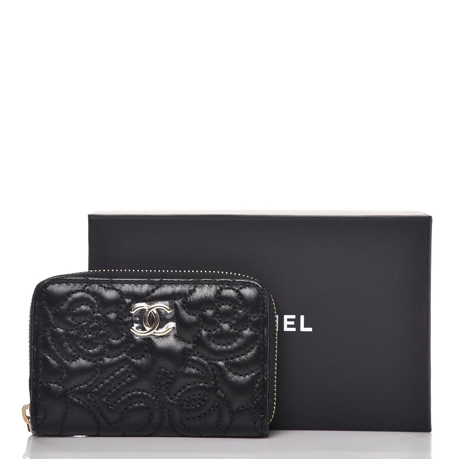 Chanel Lambskin Camellia Embossed Zip Coin Purse Black 8 of 8