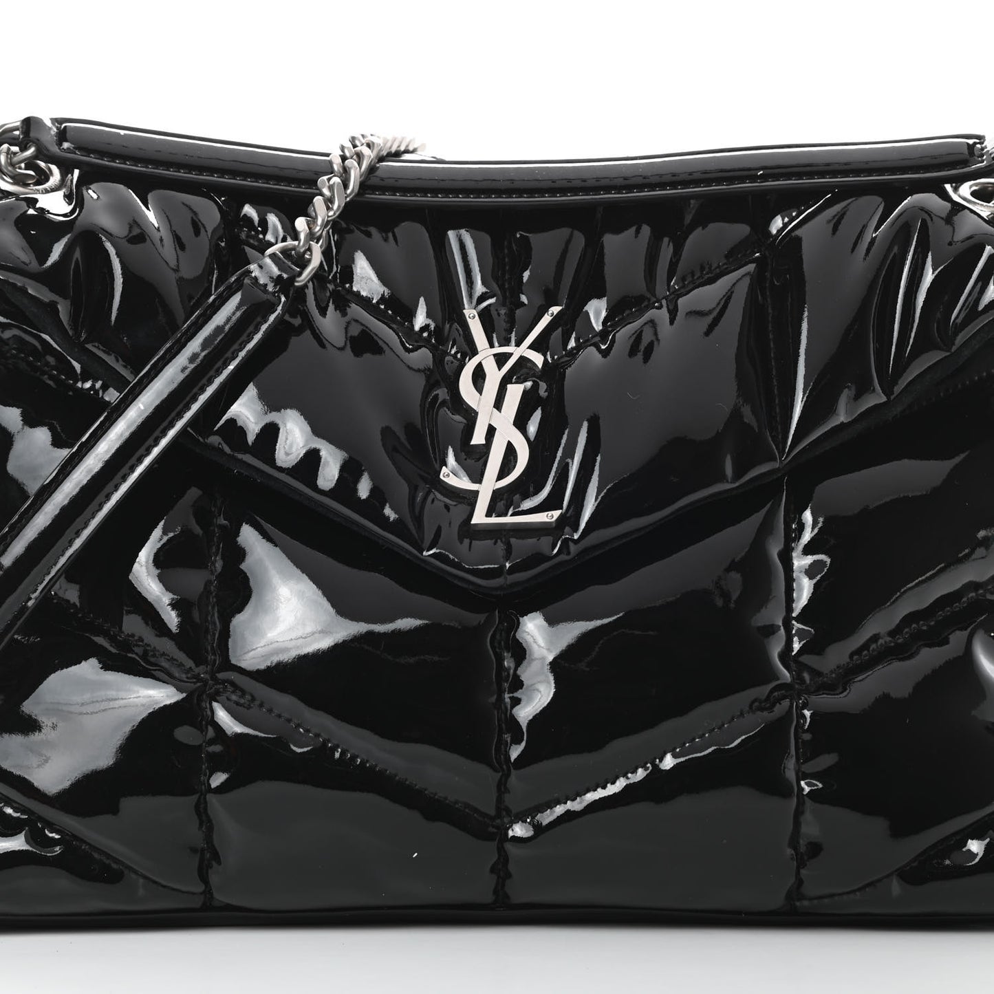 Patent Lambskin Quilted Medium Loulou Puffer Monogram Chain Satchel Black