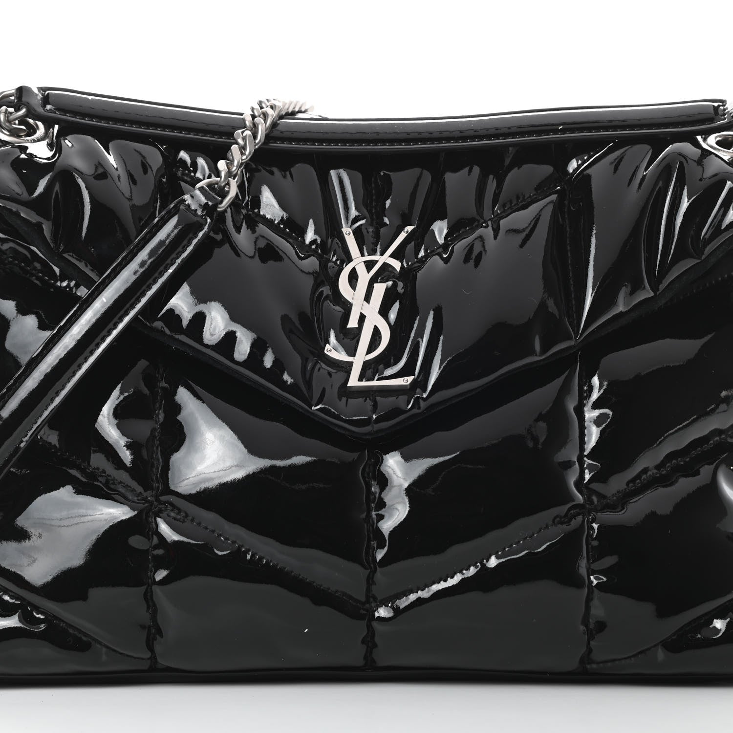 Saint Laurent Patent Lambskin Quilted Medium Loulou Puffer Monogram Chain Satchel Black 8 of 14