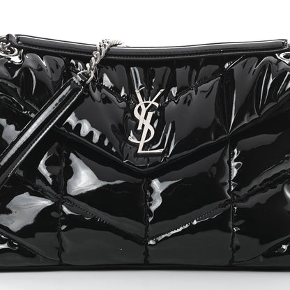Saint Laurent Patent Lambskin Quilted Medium Loulou Puffer Monogram Chain Satchel Black 8 of 14