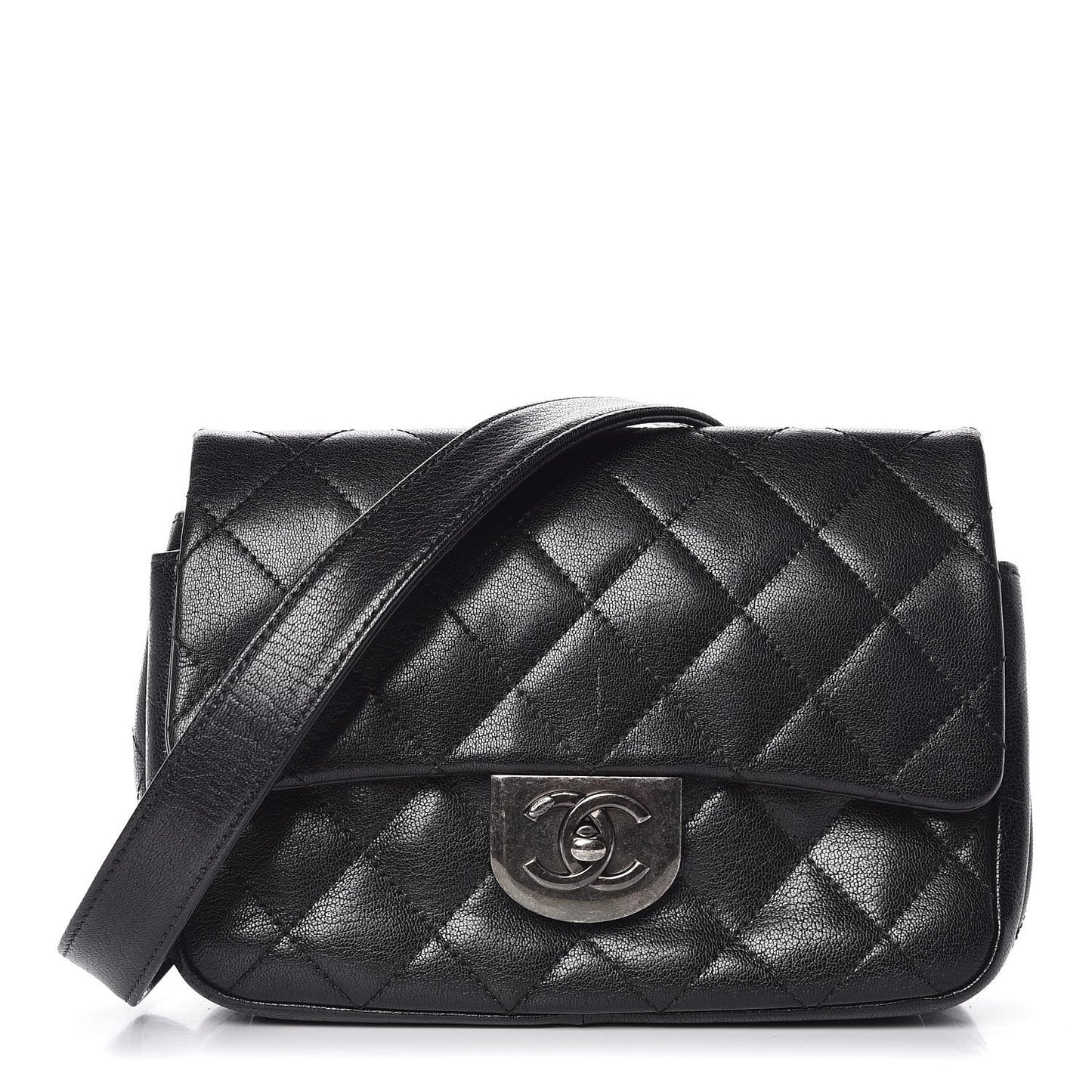 Shiny Goatskin Quilted Small Double Carry Waist Chain Flap Black
