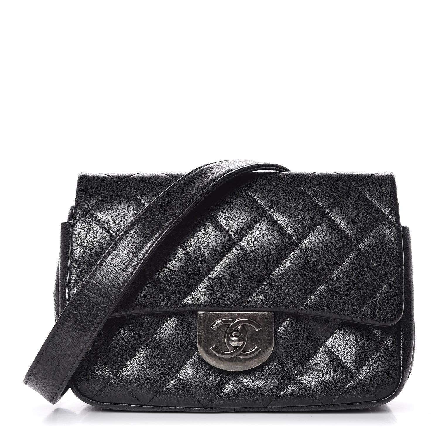 Chanel Shiny Goatskin Quilted Small Double Carry Waist Chain Flap Black 1 of 9