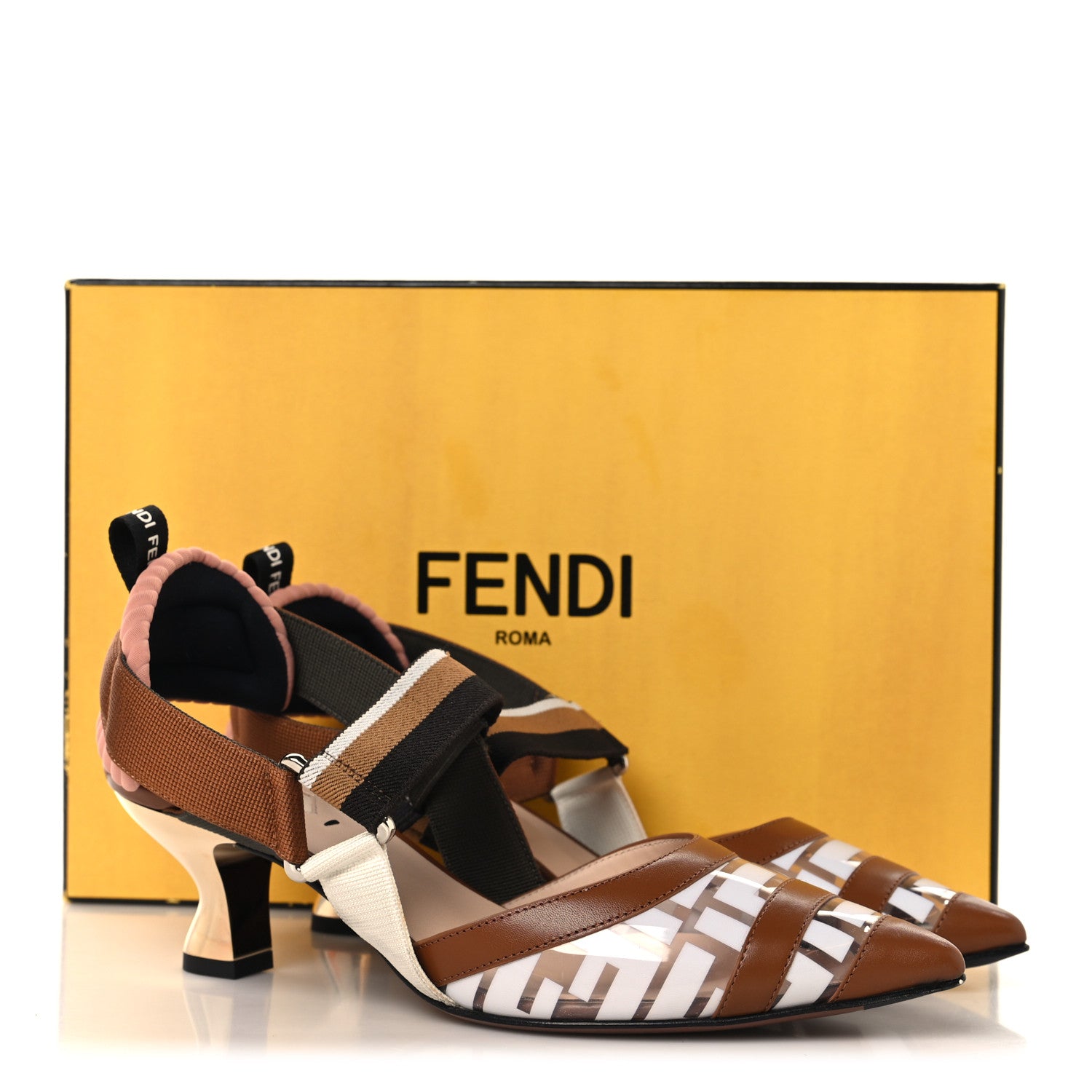 Fendi PVC Vitello FF Colibri 85mm Slingback Pumps 36.5 Transparent White Cuoio Avana 9 of 9