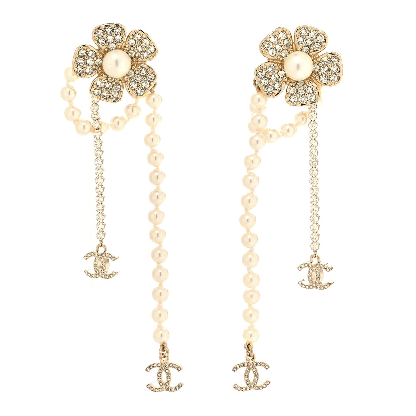 Pearl Crystal CC Camellia Clip On Earrings Gold