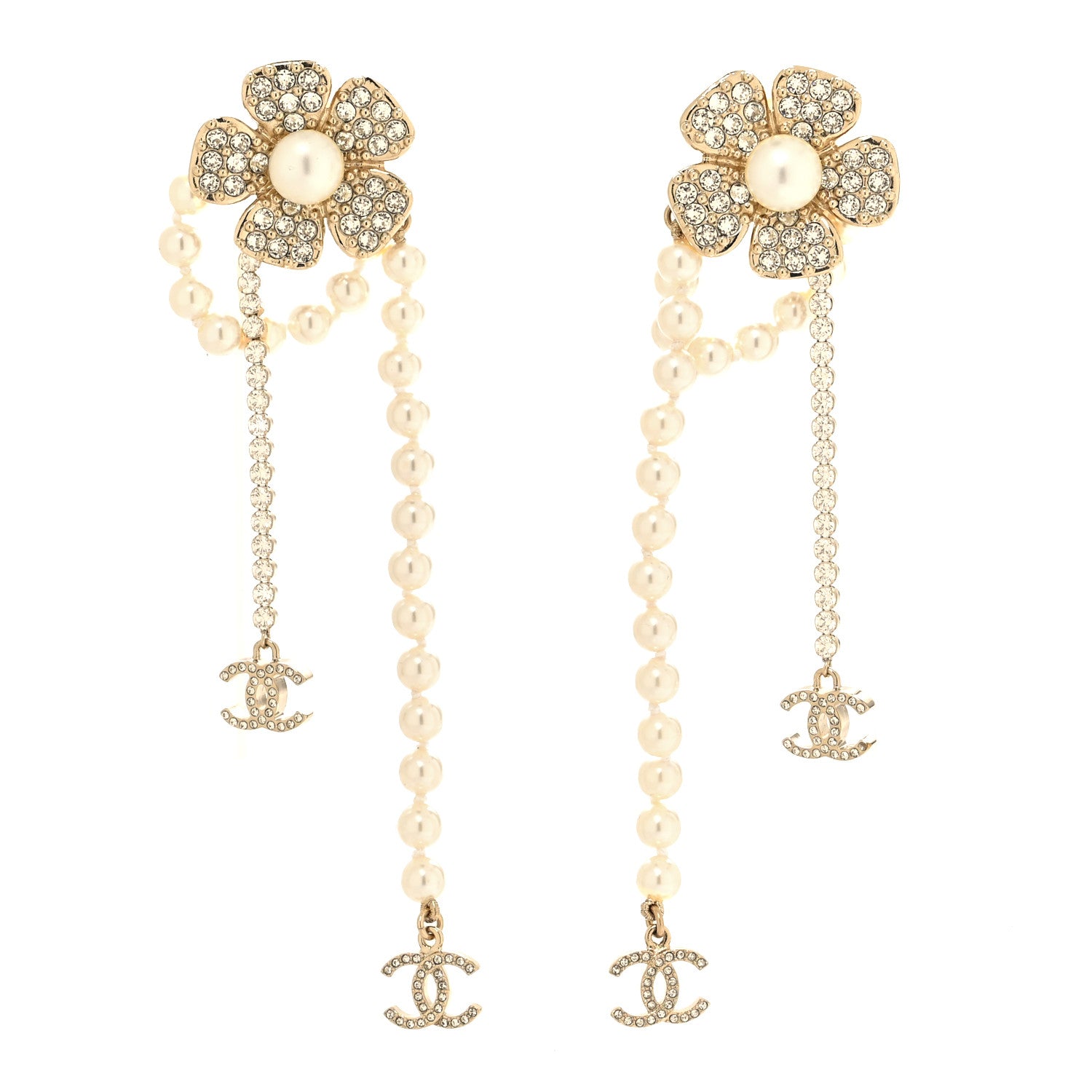 Chanel Pearl Crystal CC Camellia Clip On Earrings Gold 1 of 4