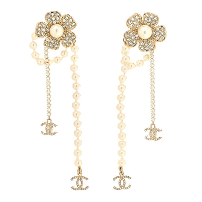 Chanel Pearl Crystal CC Camellia Clip On Earrings Gold 1 of 4