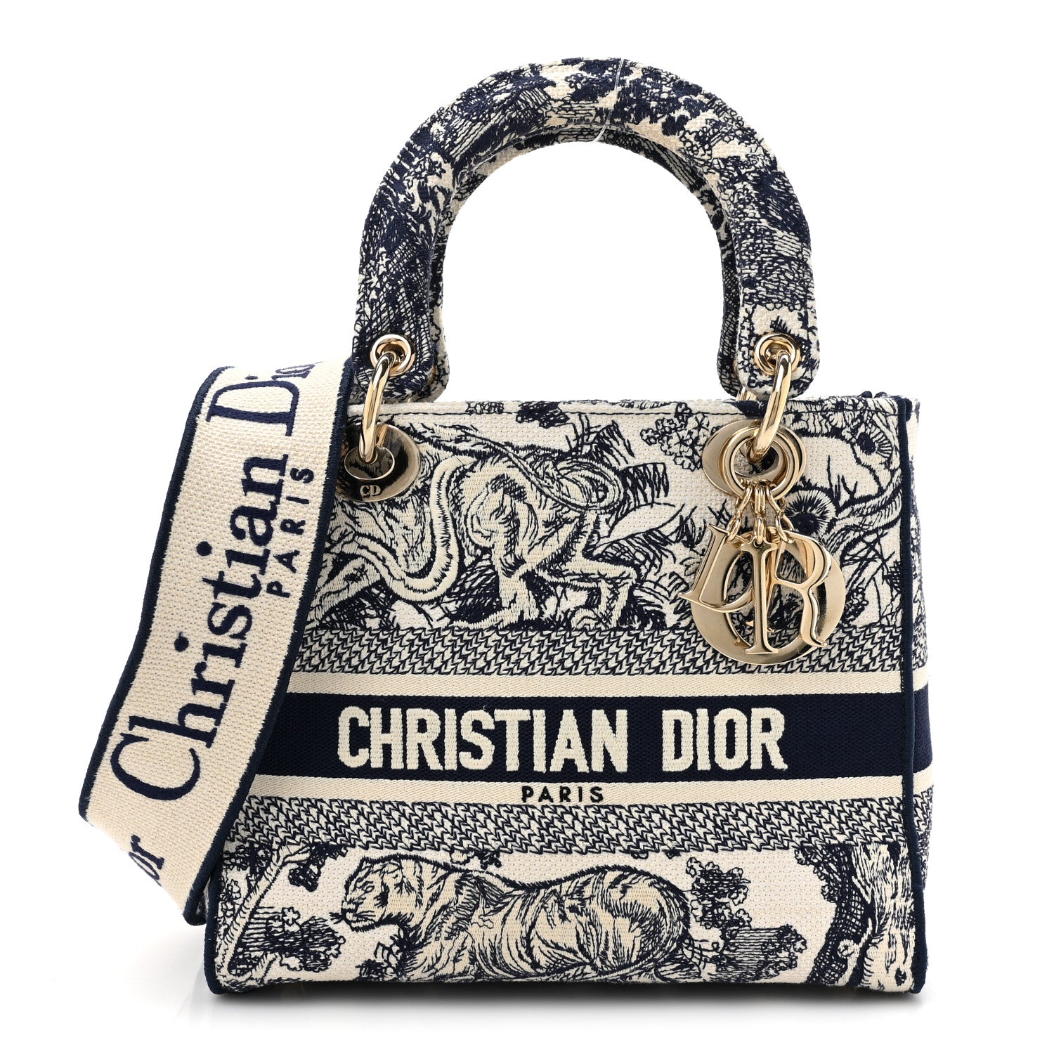 Christian Dior Canvas Toile De Jouy Embroidered Medium Lady D-Lite Navy 1 of 13