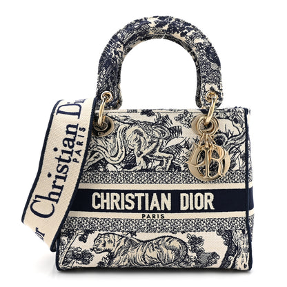 Christian Dior Canvas Toile De Jouy Embroidered Medium Lady D-Lite Navy 1 of 13