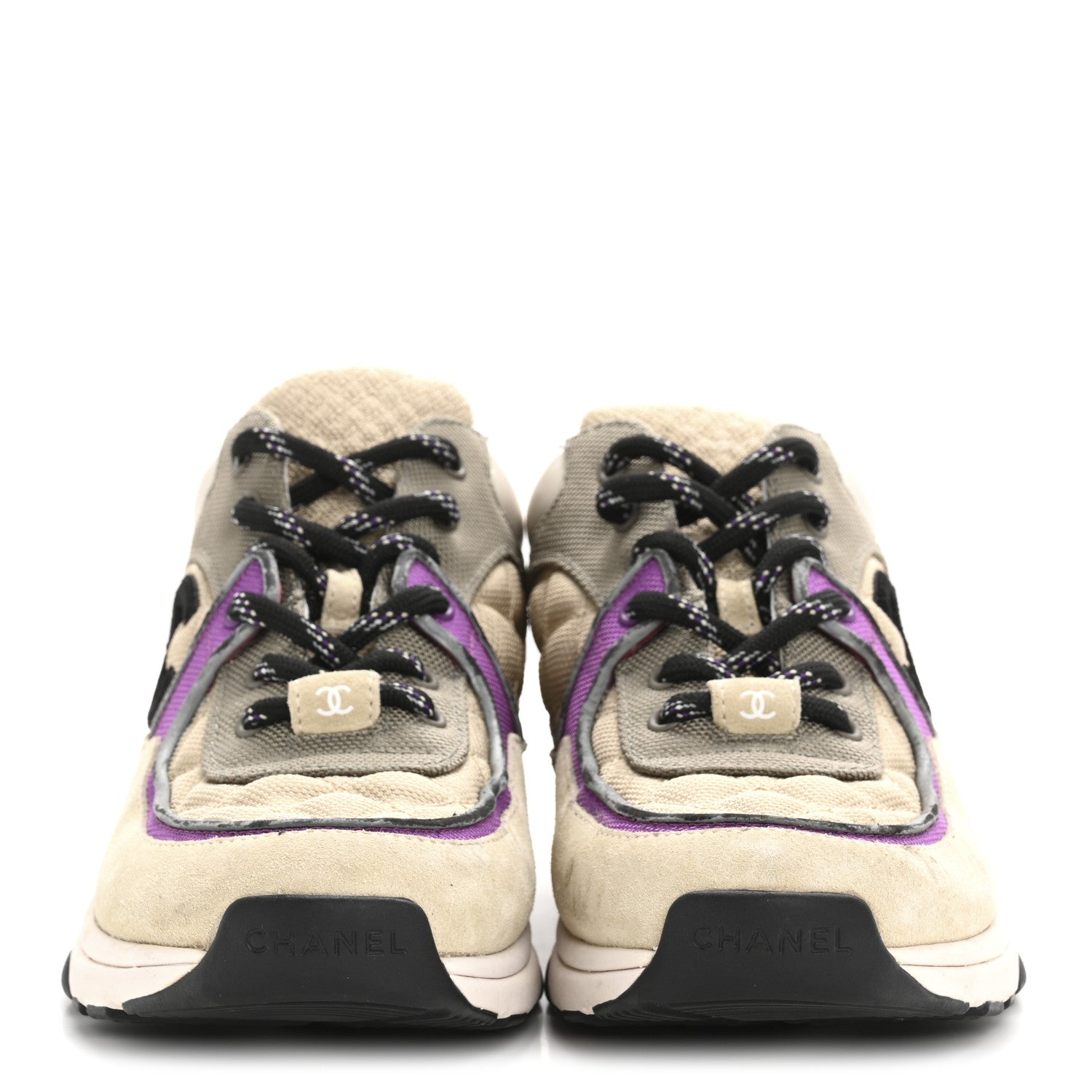 Chanel Fabric Suede Calfskin Womens CC Sneakers 38.5 Beige Dark Beige Purple 3 of 11