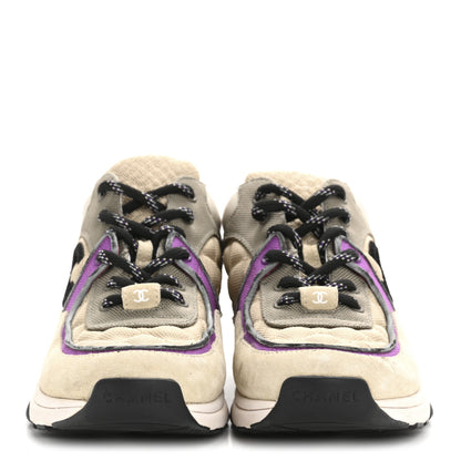 Chanel Fabric Suede Calfskin Womens CC Sneakers 38.5 Beige Dark Beige Purple 3 of 11