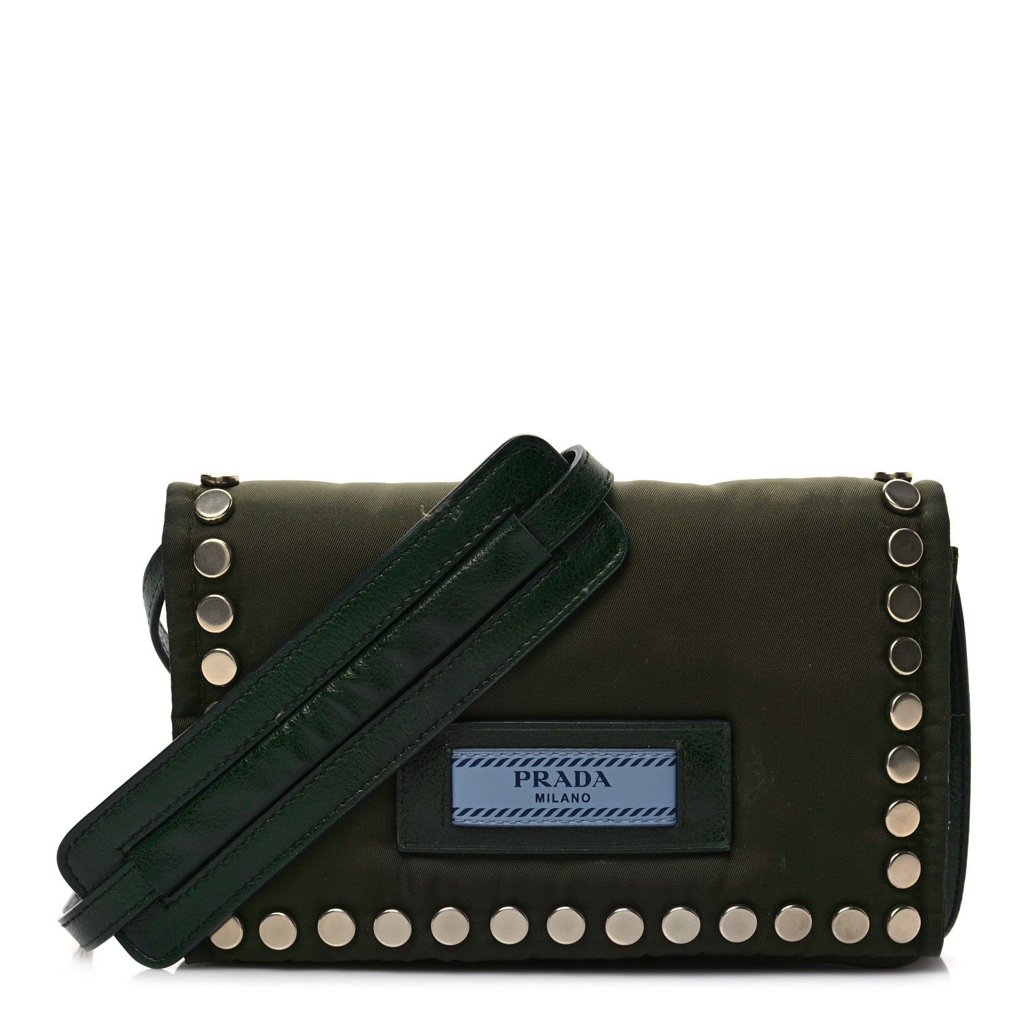 Prada Tessuto Nylon Studded Mini Etiquette Flap Military Green 1 of 9