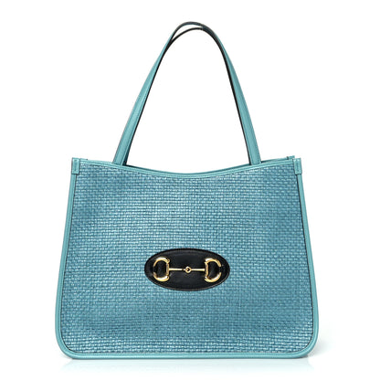 Gucci Straw Azalea Calfskin Horsebit 1955 Tote Bag Dusty Azure Black 1 of 10