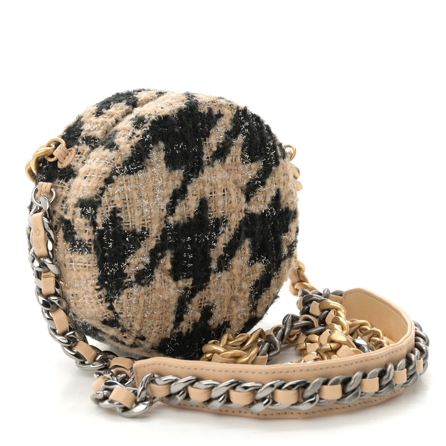 Wool Tweed Lambskin Quilted Chanel 19 Round Clutch With Chain and Coin Purse Beige Black
