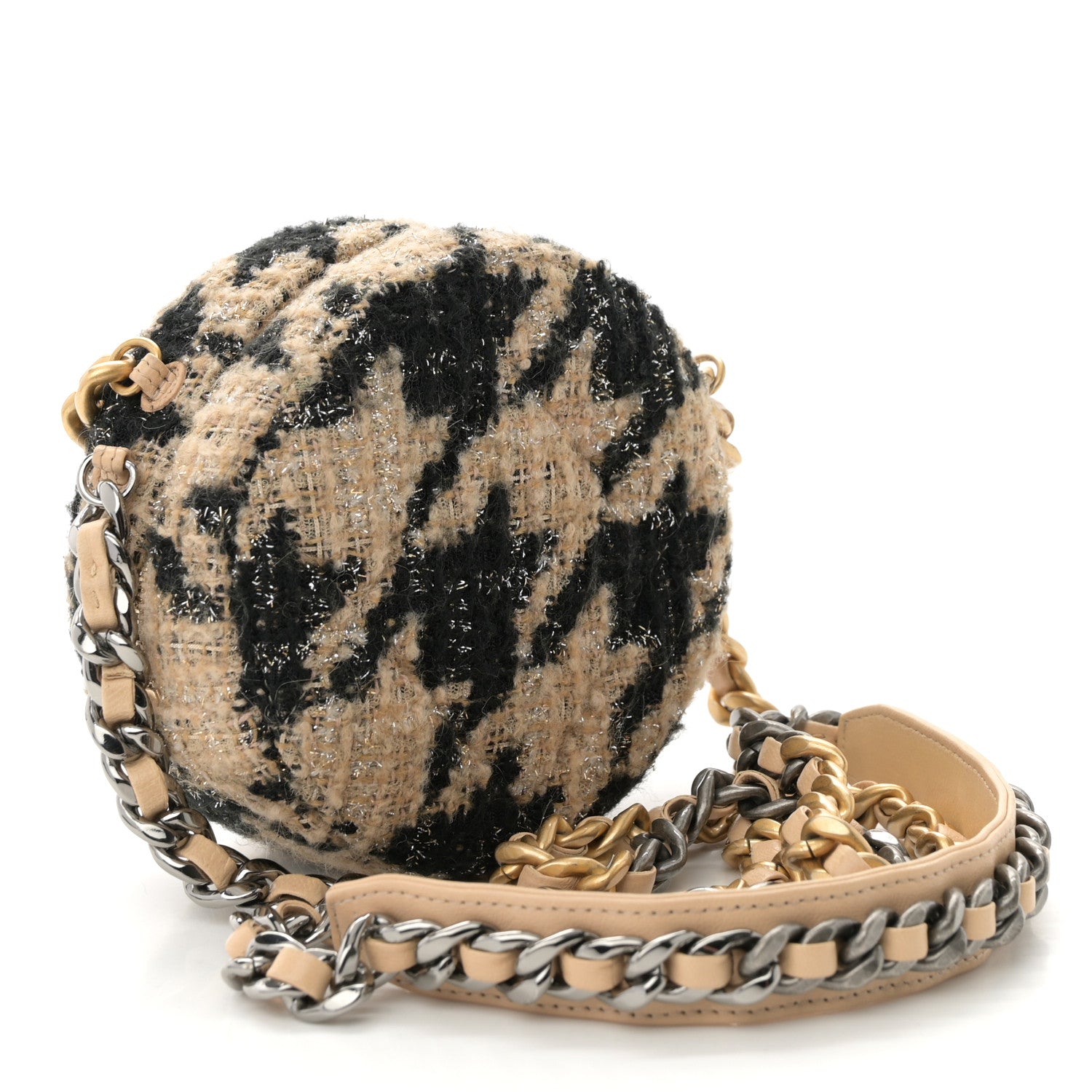 Chanel Wool Tweed Lambskin Quilted Chanel 19 Round Clutch With Chain and Coin Purse Beige Black 4 of 10