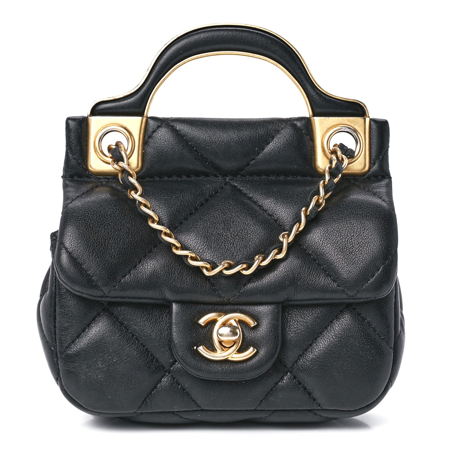 Calfskin Quilted Lady Handle Flap Card Holder With Chain Black